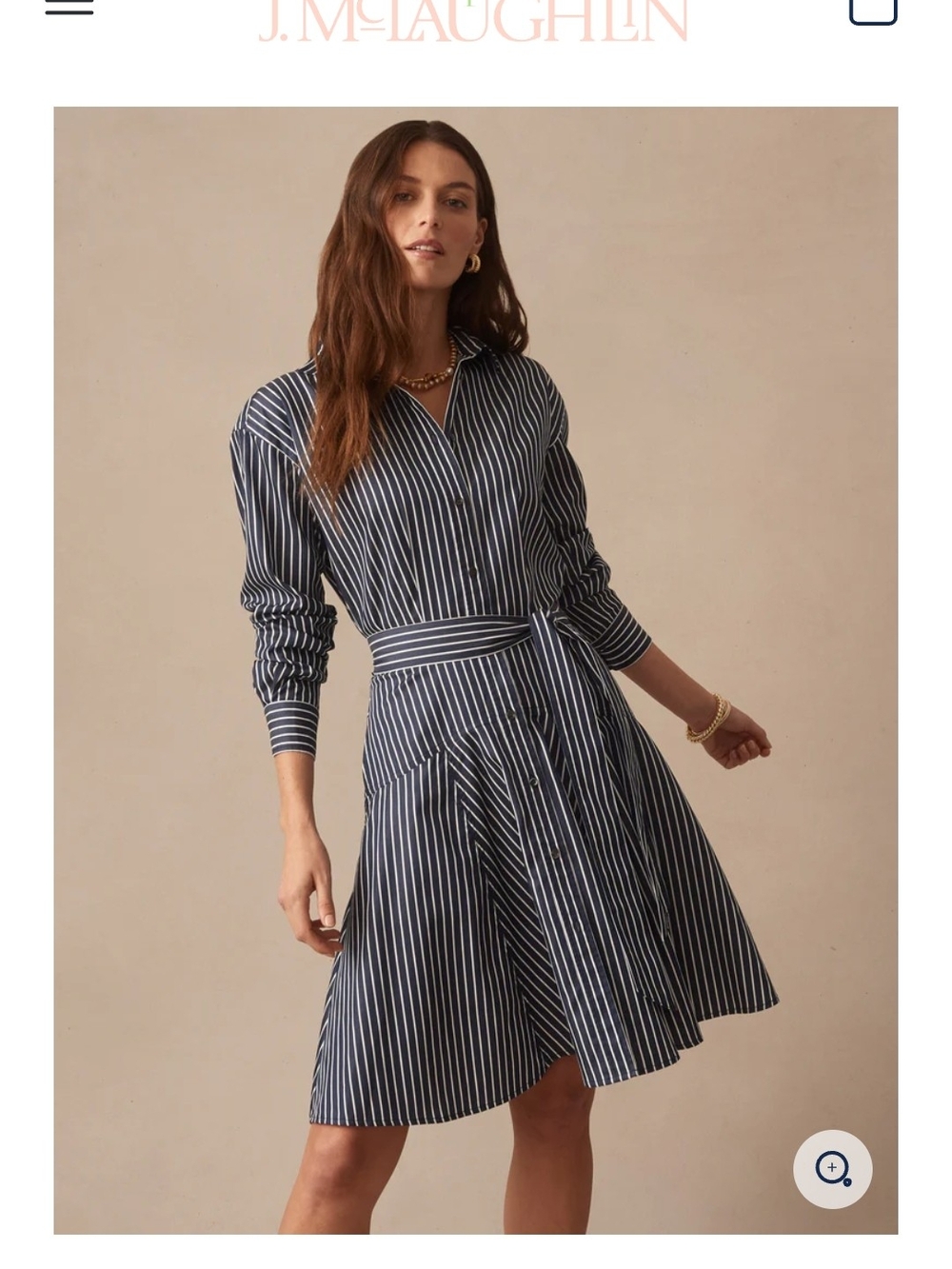J. McLaughlin Striped Navy Shirt Dress with Waist Tie, NWT, Size 10